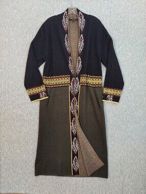 Two-Tone Long Open-Front Cardigan in Black and Olive with Embroidered Trim